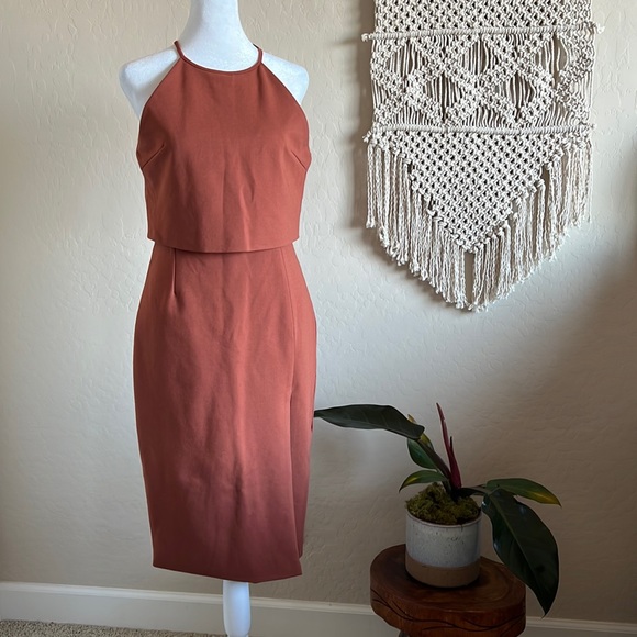 NWOT Lavish Alice Brown High Neck Cropped Bodycon Midi Dress (US 6) - Picture 2 of 11